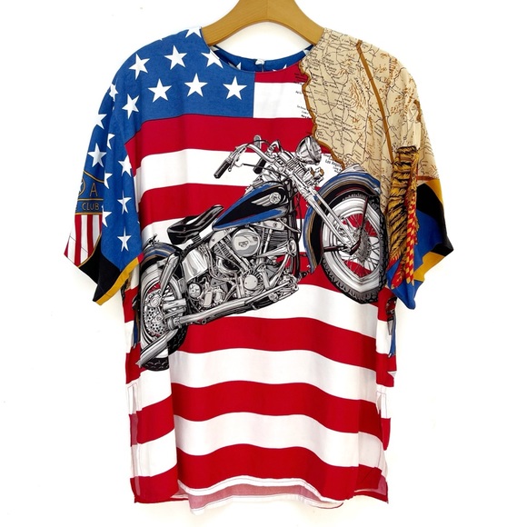 Vintage 90s Carol Anderson Motorcycle USA Flag Road Trip Print Blouse - Picture 1 of 12